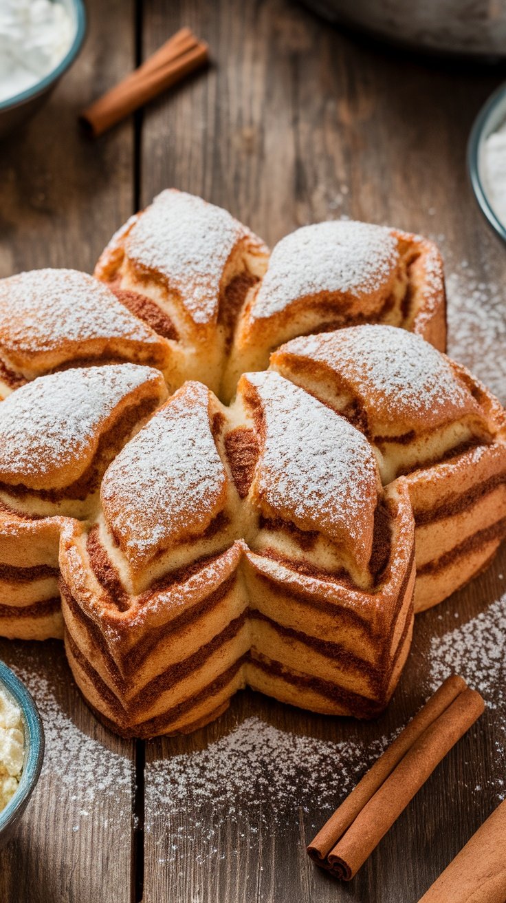Delicious Cinnamon Star Bread Recipe Cinnamon star bread shaped like a star, showcasing layers with cinnamon filling, dusted with powdered sugar on a wooden table.