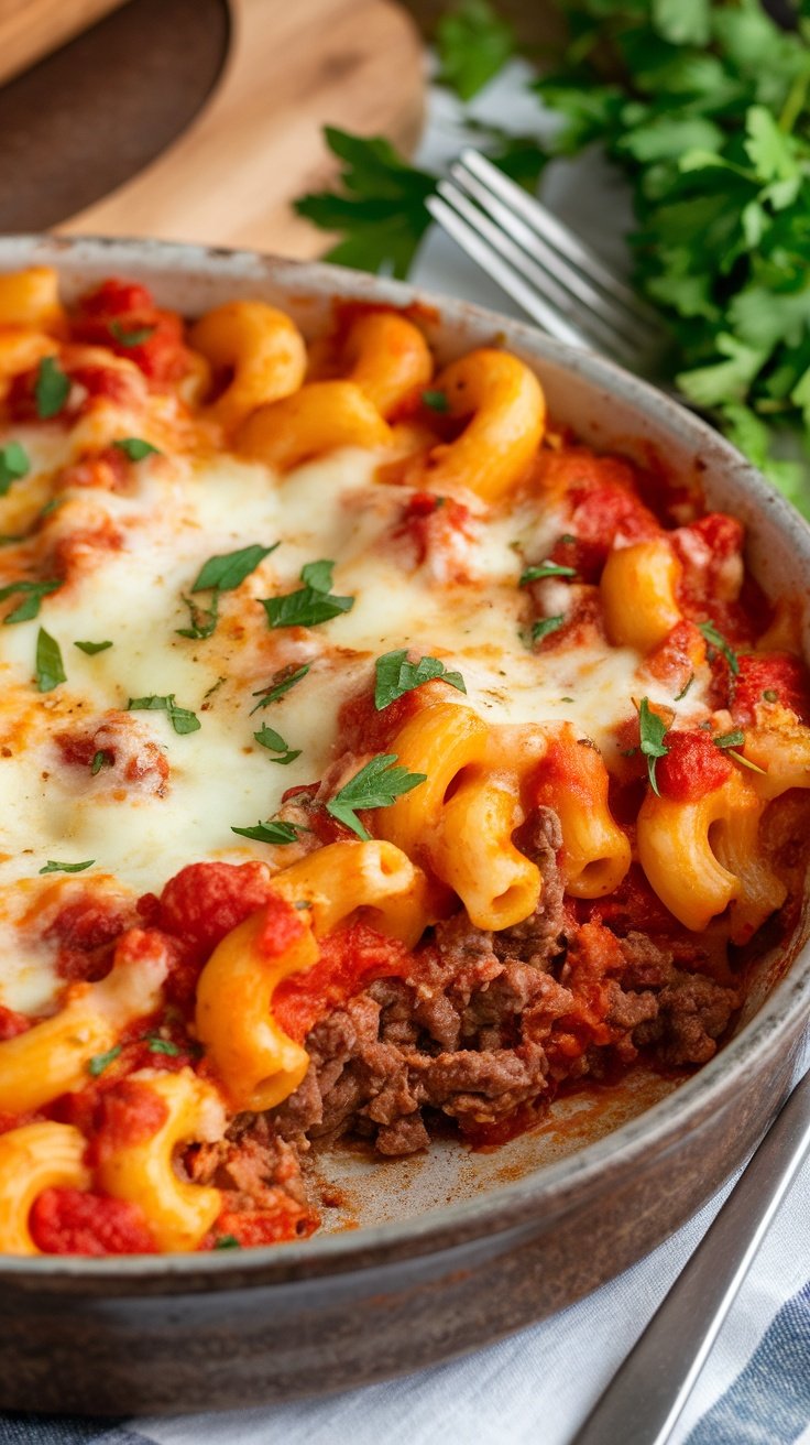 A hearty beef and pasta casserole with melted cheese, served in a rustic dish, garnished with parsley.