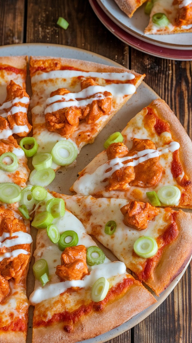 Spicy Buffalo Chicken Pizza Recipe Spicy buffalo chicken pizza with melted cheese and ranch dressing on a wooden table.