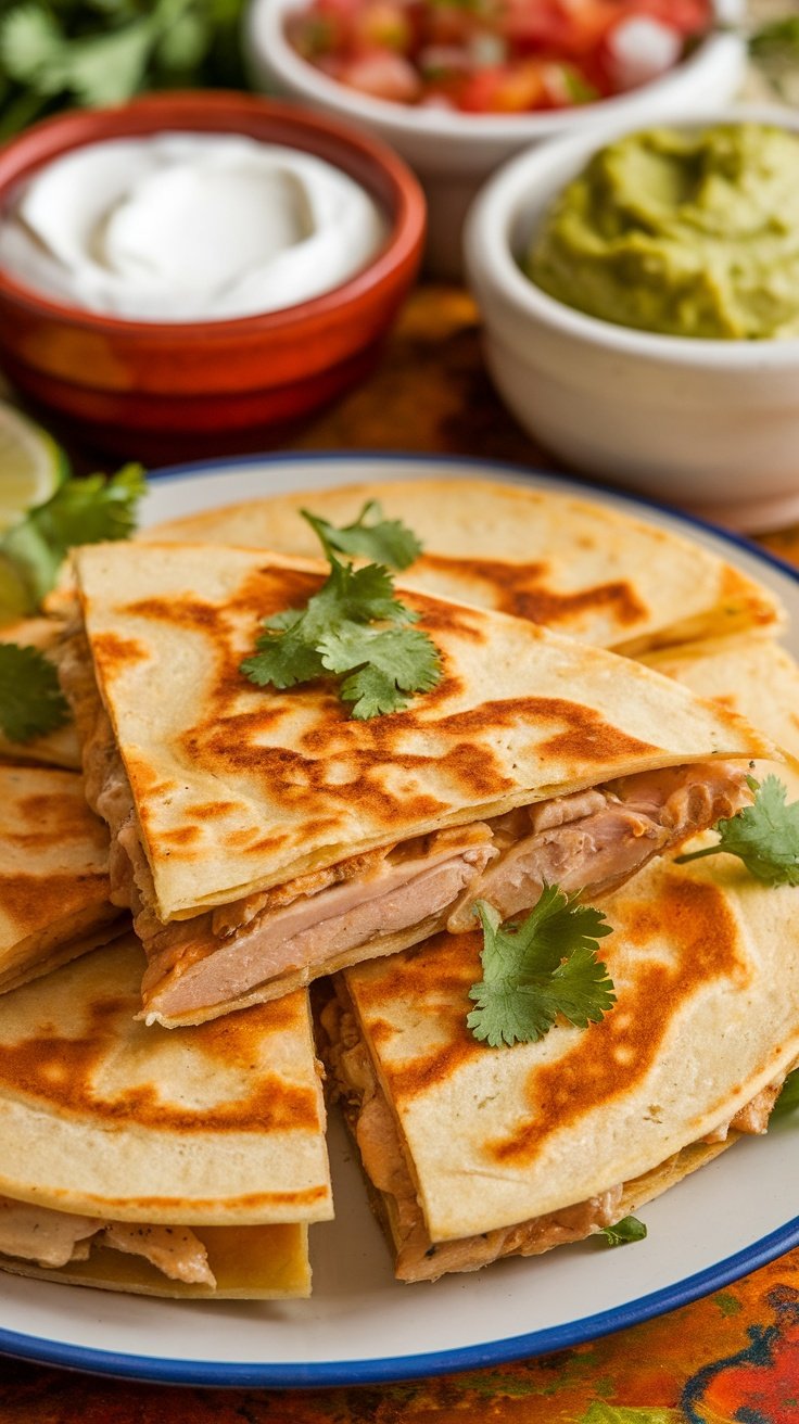 Savory Chicken Quesadillas Recipe Sliced chicken quesadillas on a plate with garnishes, accompanied by dips in the background.