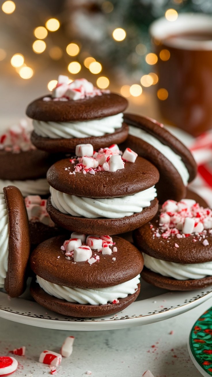 Chocolate Peppermint Whoopie Pies Recipe Plate of chocolate peppermint whoopie pies with peppermint cream filling and crushed mint garnish, in a festive holiday setting.