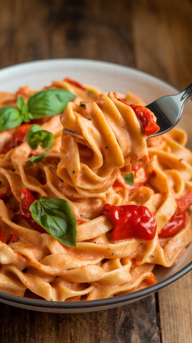 Creamy Roasted Red Pepper Pasta Recipe Creamy roasted red pepper pasta topped with basil on a rustic wooden table.