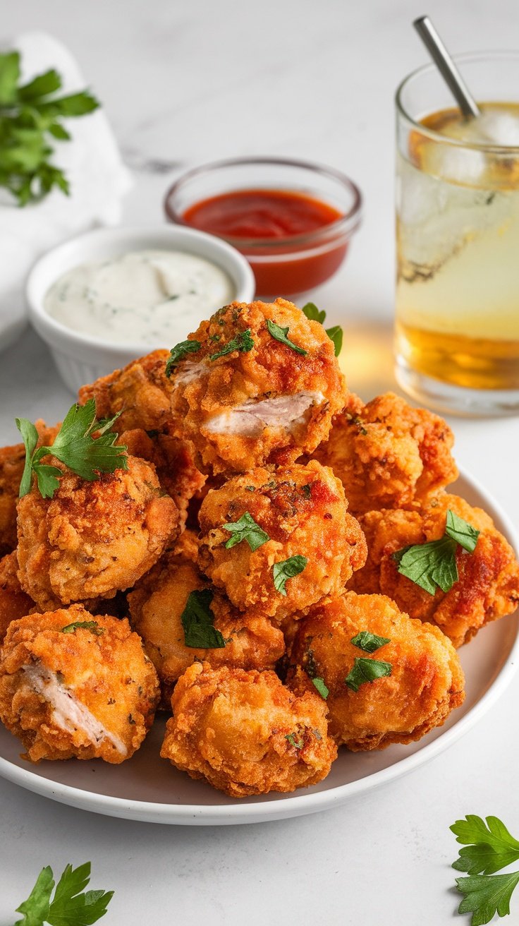 Crispy Garlic Parmesan Chicken Bites Crispy garlic parmesan chicken bites served with dipping sauces on a platter.