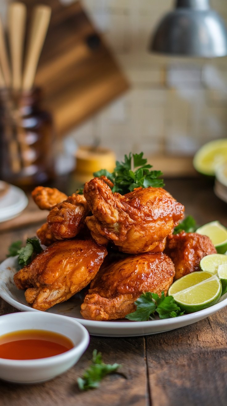 Spicy and Sweet Hot Honey Chicken Recipe Crispy hot honey chicken drizzled with spicy honey glaze, garnished with parsley, served on a rustic table.