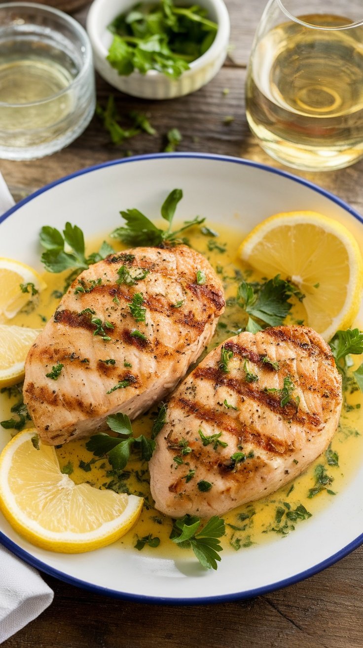 Lemon herb chicken scallopini served on a white plate with lemon slices and parsley, with a rustic table setting.