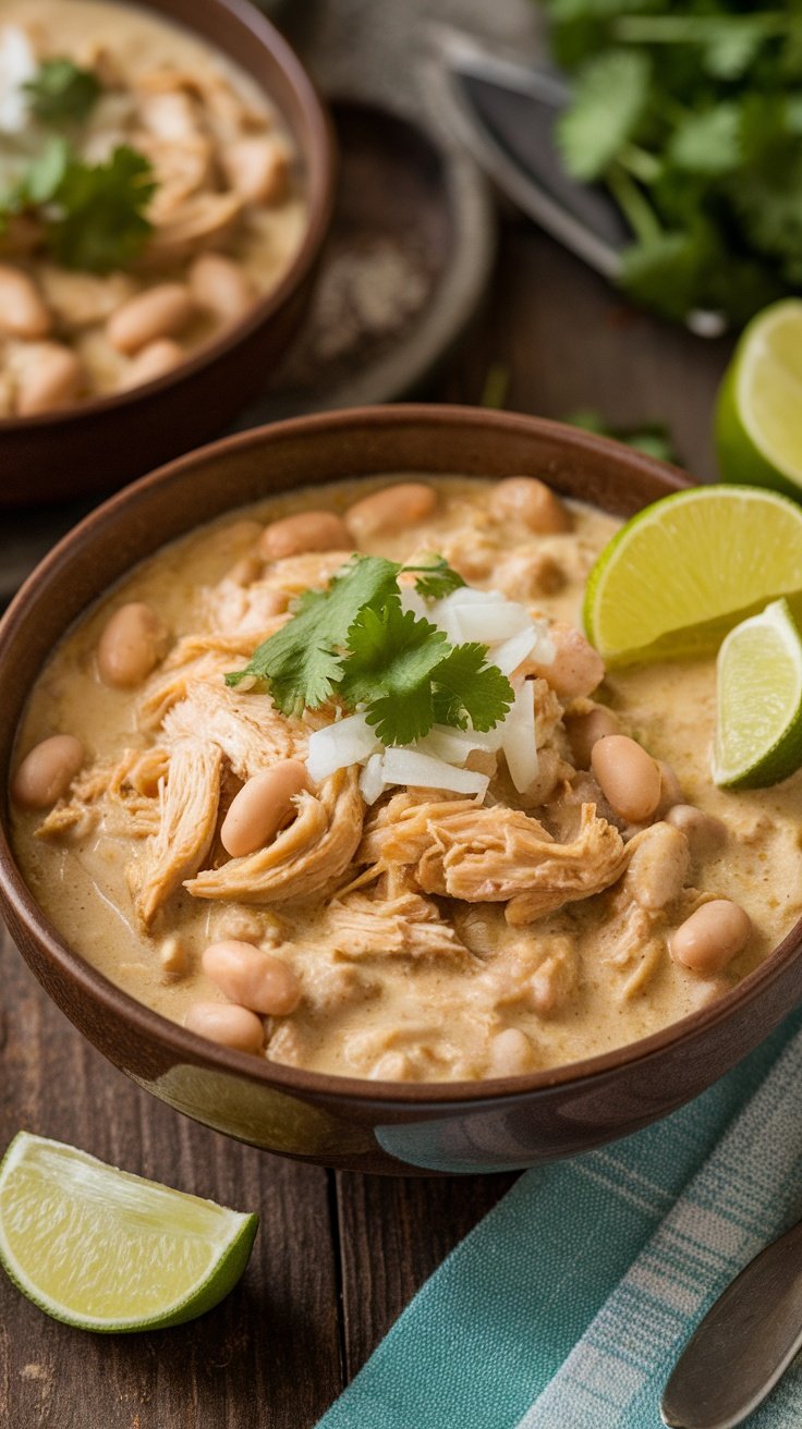Hearty White Chicken Chili in the Crock Pot A bowl of creamy white chicken chili with shredded chicken, beans, and garnished with cilantro, on a rustic table with lime wedges.