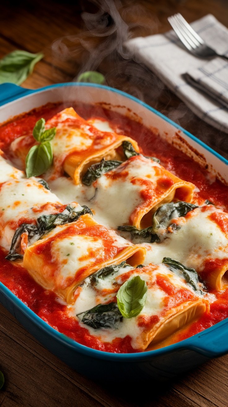 Cheesy Spinach and Ricotta Manicotti A baked dish of spinach and ricotta manicotti in marinara sauce, topped with melted cheese and garnished with basil.