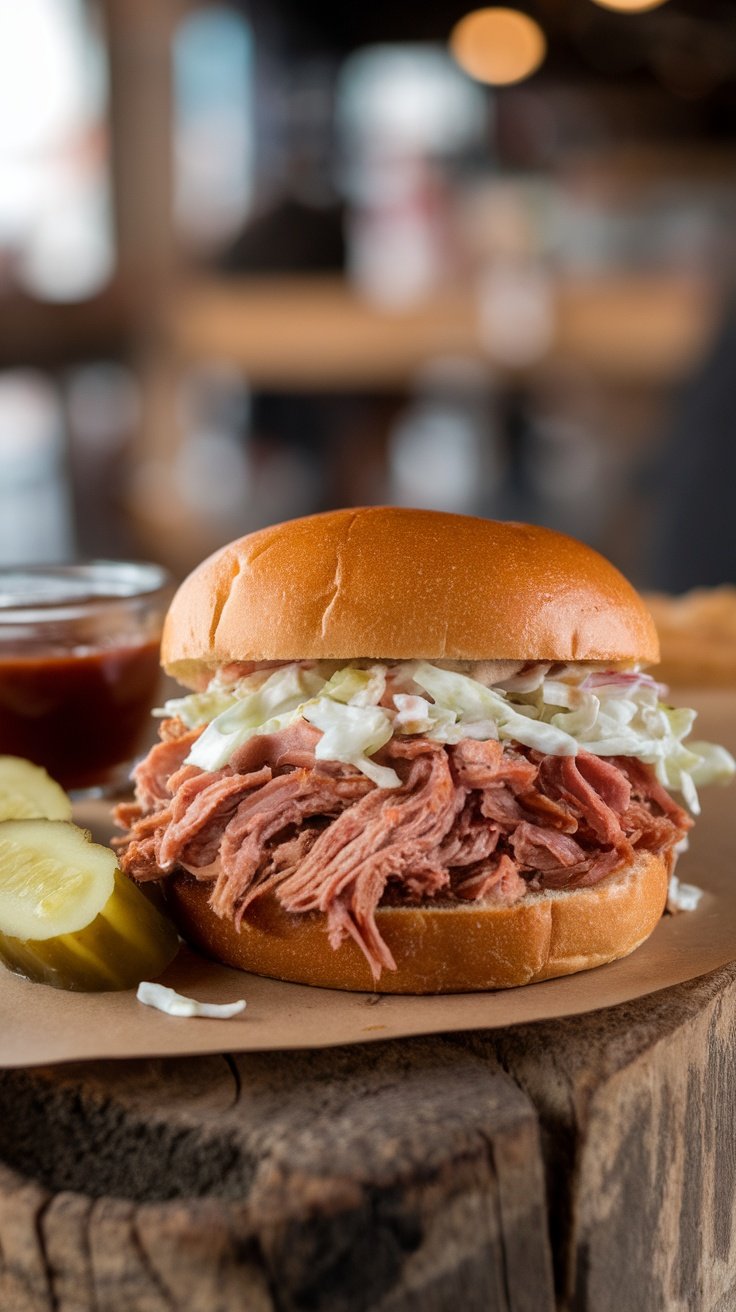 Slow-Cooked BBQ Pulled Pork Recipe A delicious pulled pork sandwich with coleslaw on a bun, served with pickles and BBQ sauce on a rustic wooden table.