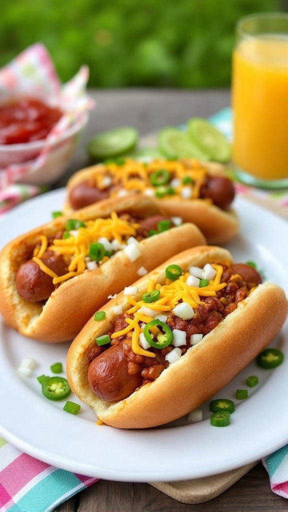 Hearty Chili Cheese Hot Dogs A delicious plate of chili cheese hot dogs topped with chili and cheese, with mustard and ketchup, on a picnic table.