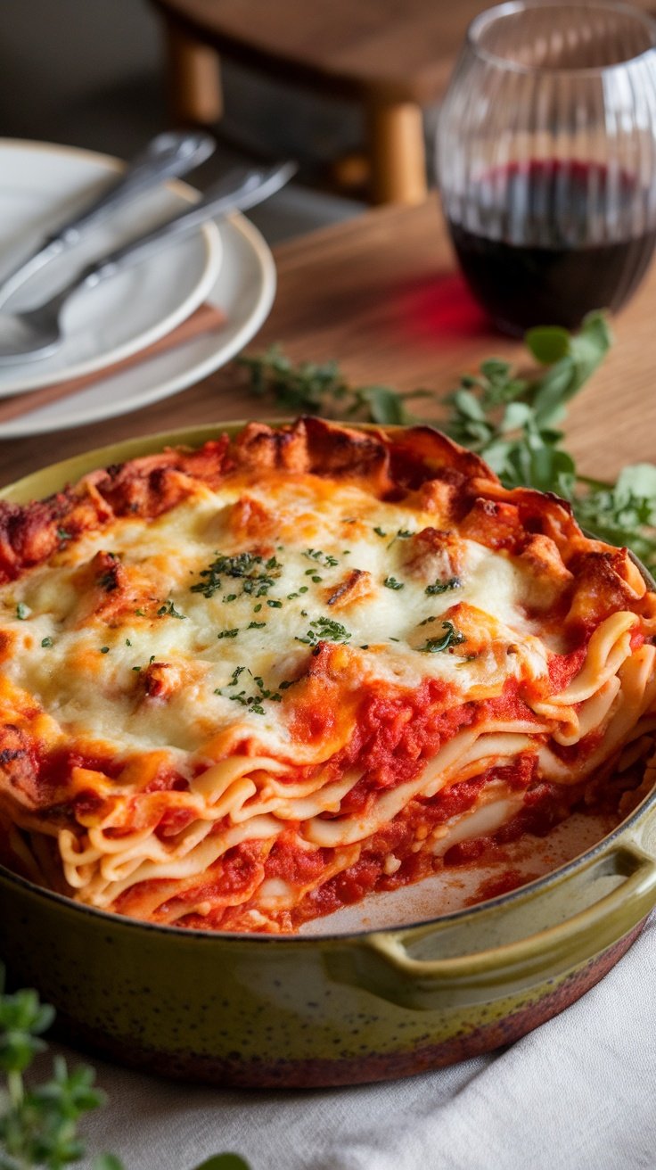 Savory Cheesy Pasta Bake Recipe A golden-brown cheesy pasta bake in a rustic dish, garnished with fresh herbs, ready to be served.