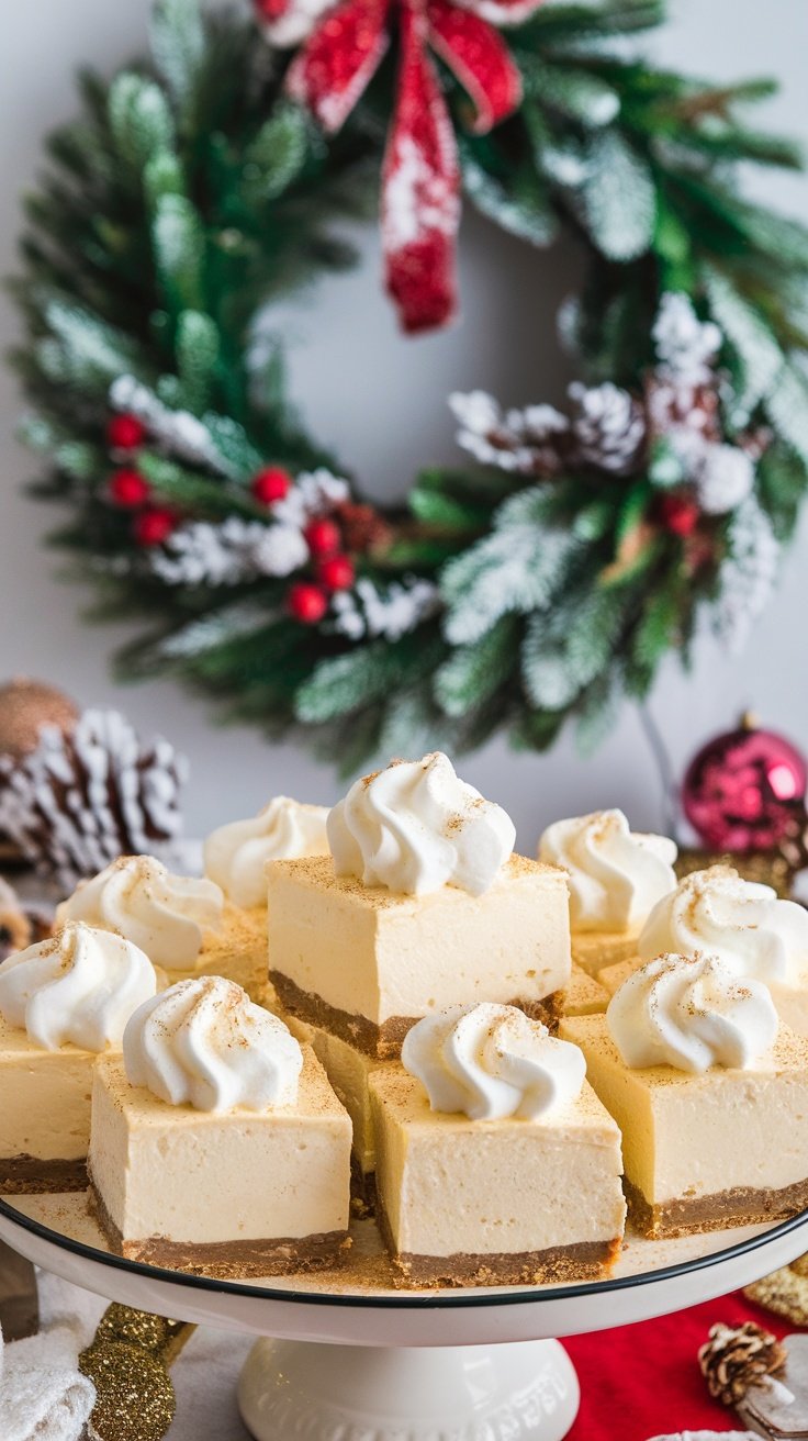 Holiday Eggnog Cheesecake Bars Recipe Delicious eggnog cheesecake bars topped with whipped cream and nutmeg on a festive plate.