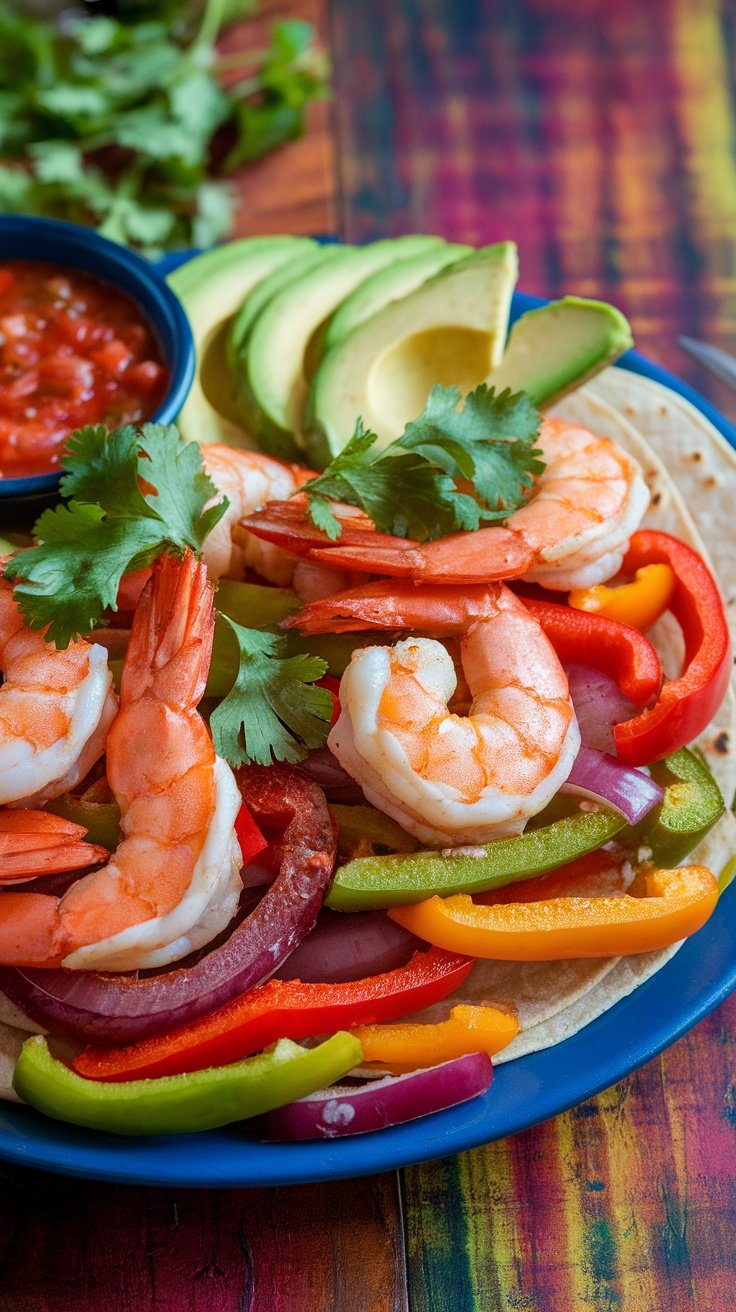 Zesty Shrimp Fajitas Recipe A colorful plate of shrimp fajitas with shrimp, bell peppers, and onions in tortillas, garnished with avocado and salsa.