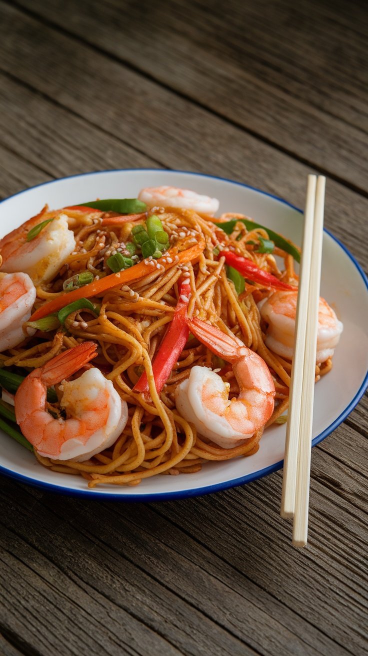 Savory Shrimp Lo Mein Recipe A delicious shrimp lo mein dish with shrimp, colorful vegetables, and noodles, garnished with green onions and sesame seeds.