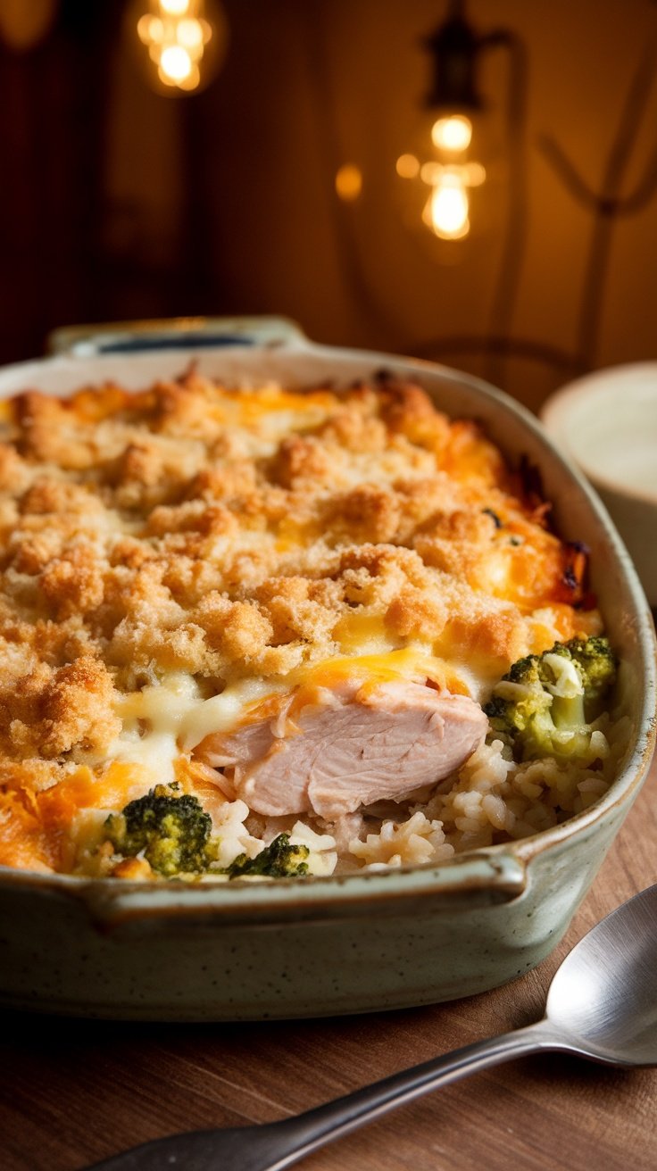 Creamy Chicken Broccoli and Rice Casserole A delicious chicken broccoli and rice casserole topped with melted cheese and golden breadcrumbs in a ceramic dish.