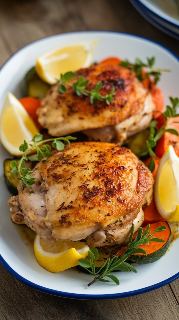 Savory Oven-Baked Chicken Thighs Recipe Oven-baked chicken thighs served with roasted vegetables and garnished with herbs and lemon.