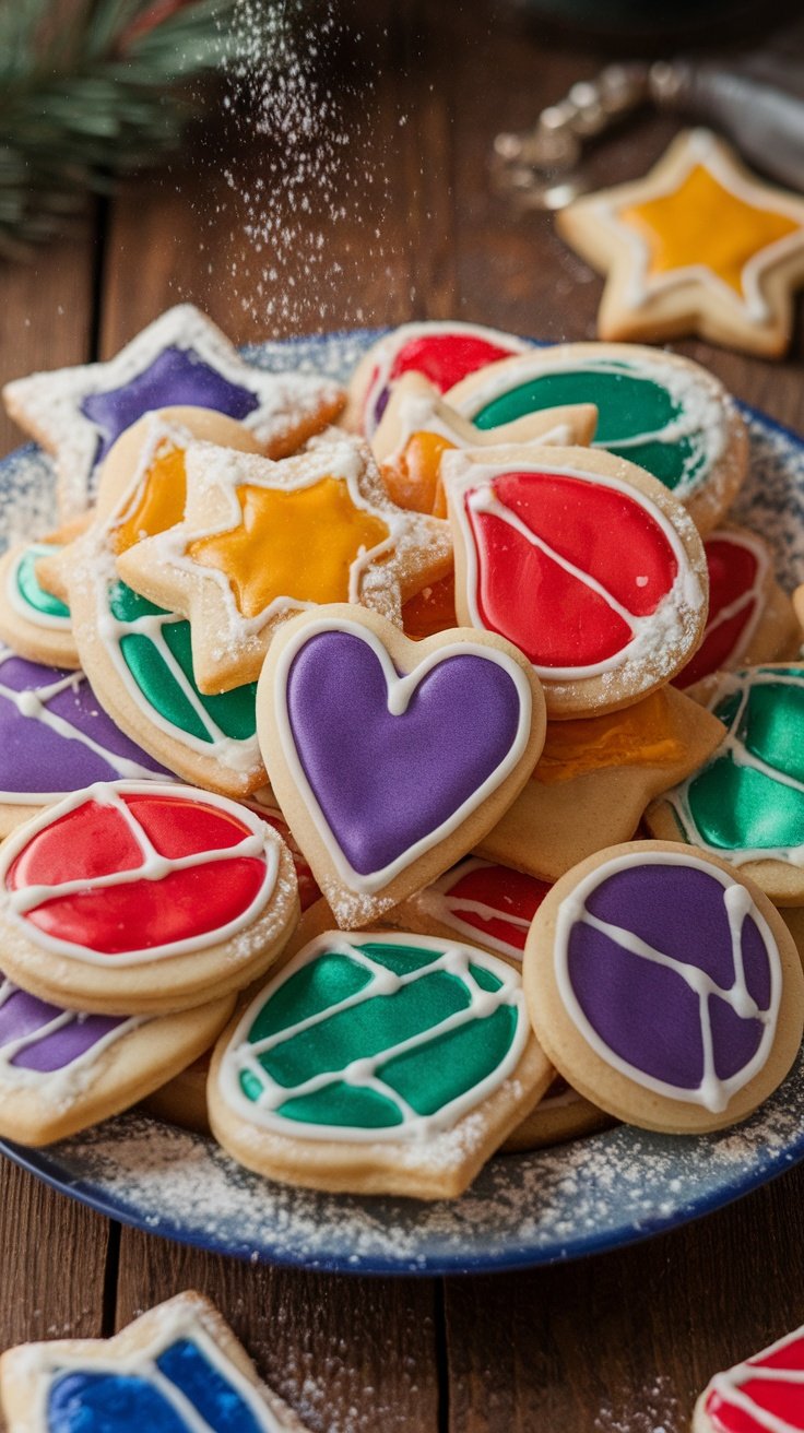 Colorful Stained Glass Window Cookies Stained glass window cookies in various shapes with colorful candy centers, displayed on a wooden table.