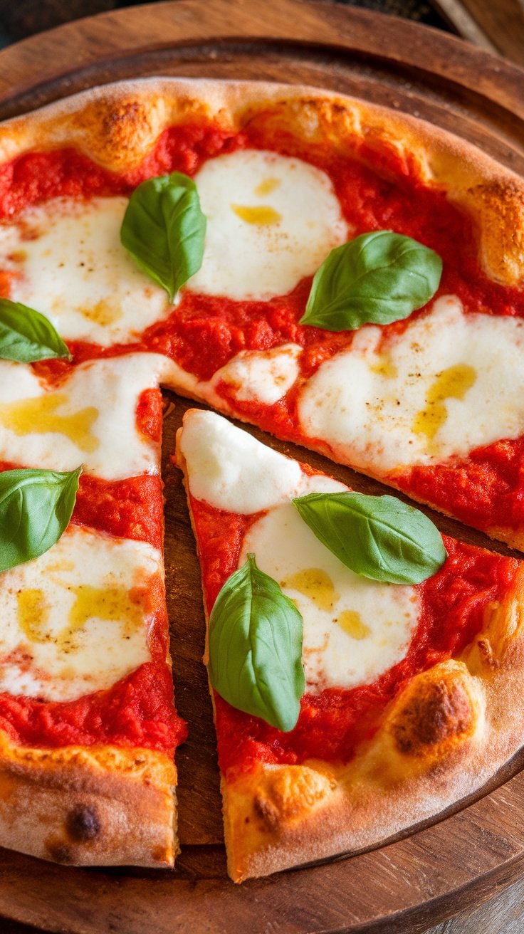 Classic Homemade Margherita Pizza Recipe Homemade Margherita pizza with tomato sauce, mozzarella cheese, and fresh basil on a wooden board.