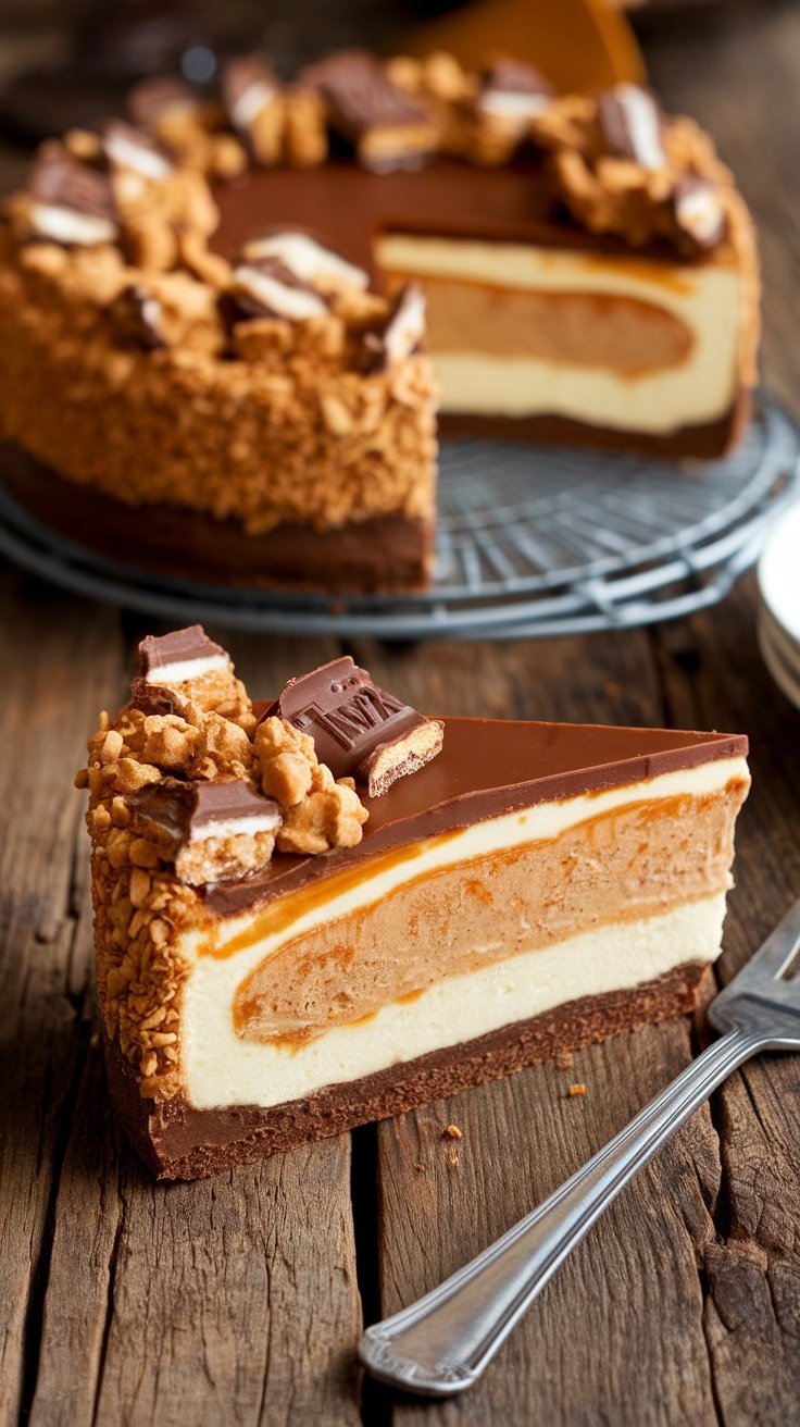 A slice of Twix cheesecake with caramel and chocolate topping, garnished with crushed Twix bars on a rustic wooden table.