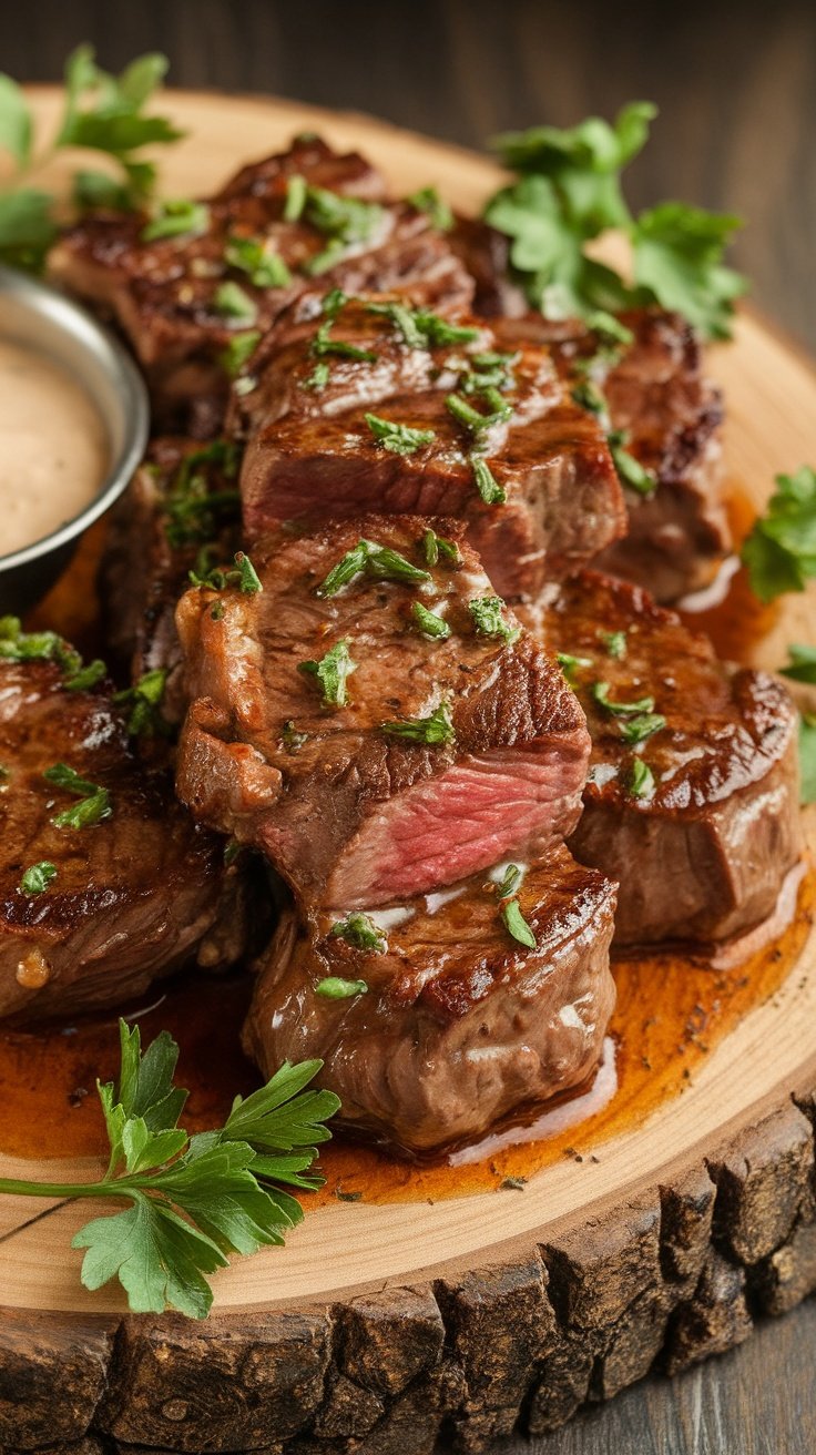 Savory Garlic Butter Steak Bites Recipe Plate of seared garlic butter steak bites garnished with herbs on a wooden board.