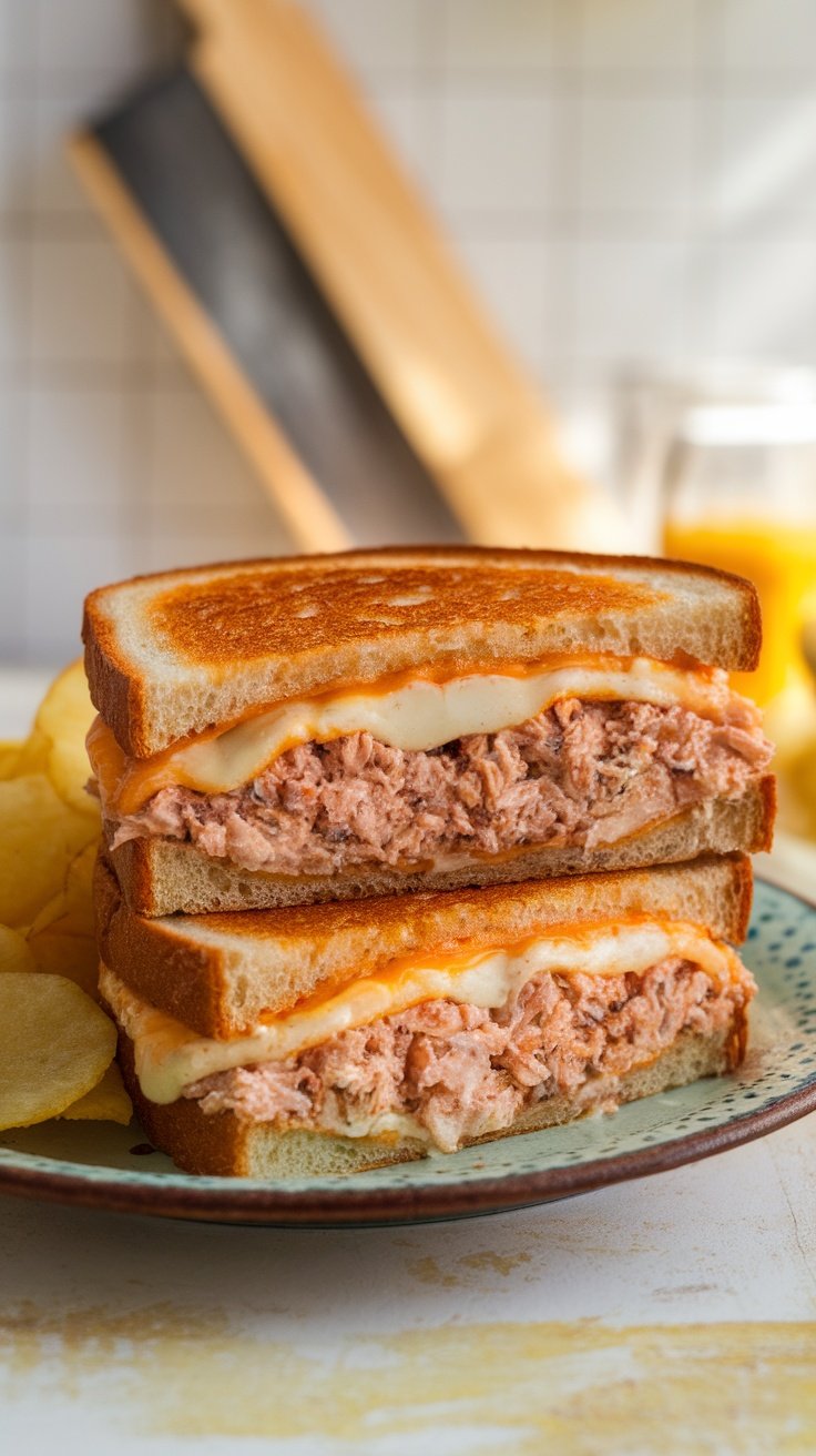 Classic Tuna Melt Sandwich Recipe A toasted tuna melt sandwich with melted cheese and creamy tuna salad, served with potato chips.